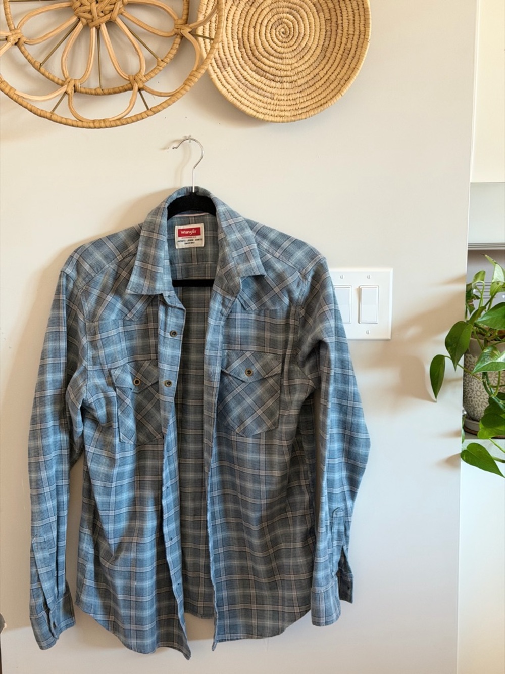 Wrangler Light Blue and Gray Plaid Shirt, Soft flannel feel